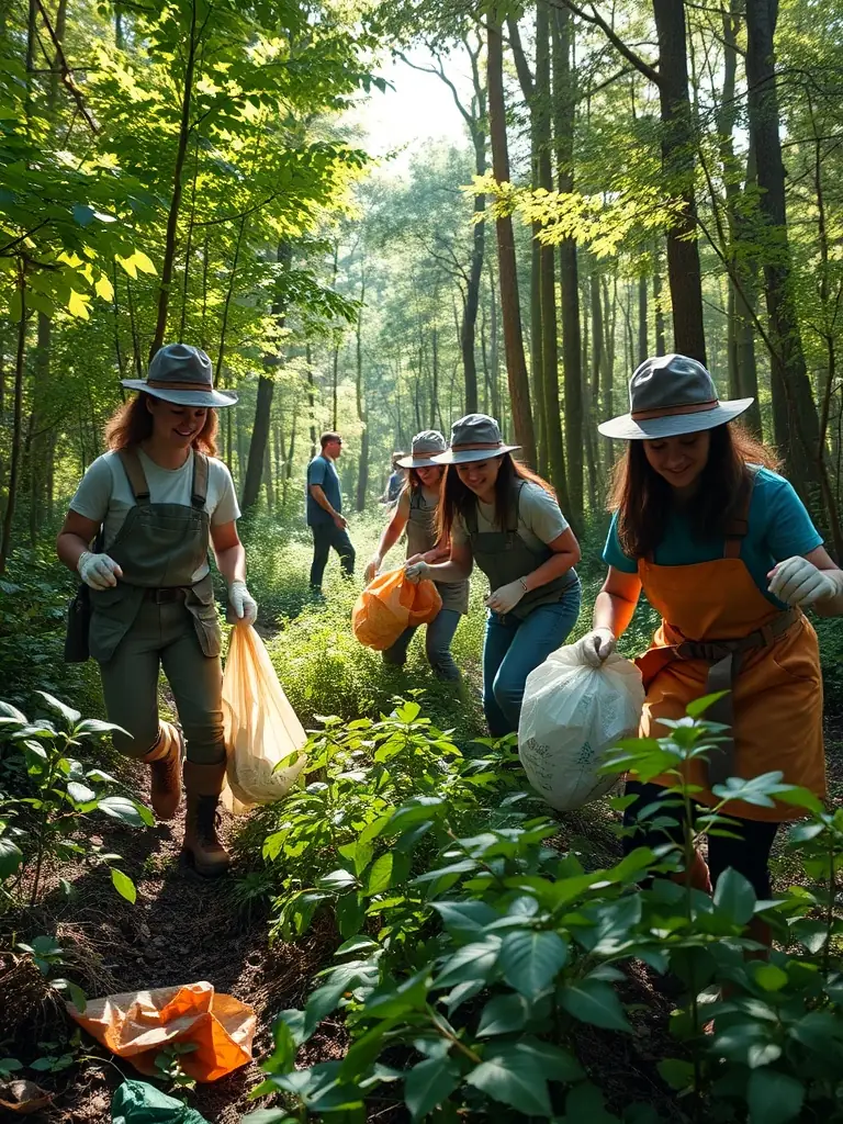 A photo of SOCIETE DE CHASSE DE LA COMMUNE DE KERFOT members cleaning up a forest area, emphasizing their commitment to environmental stewardship.