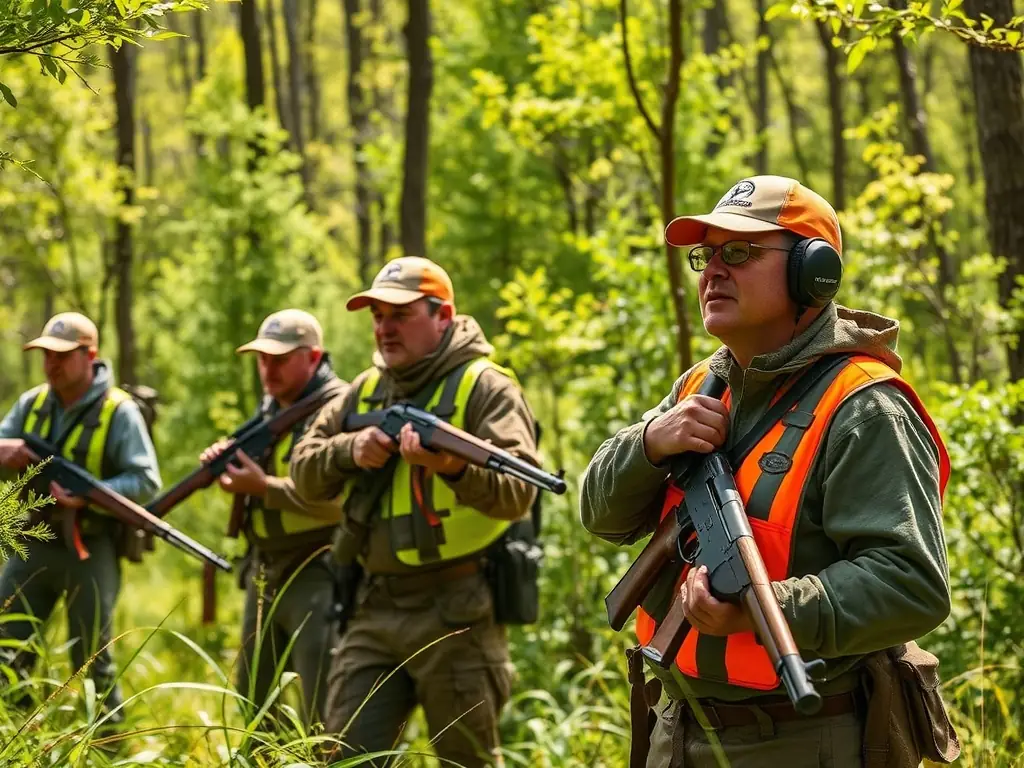 A photograph capturing a group of hunters participating in a controlled hunt in the Kerfot region, emphasizing safety and responsible hunting practices.