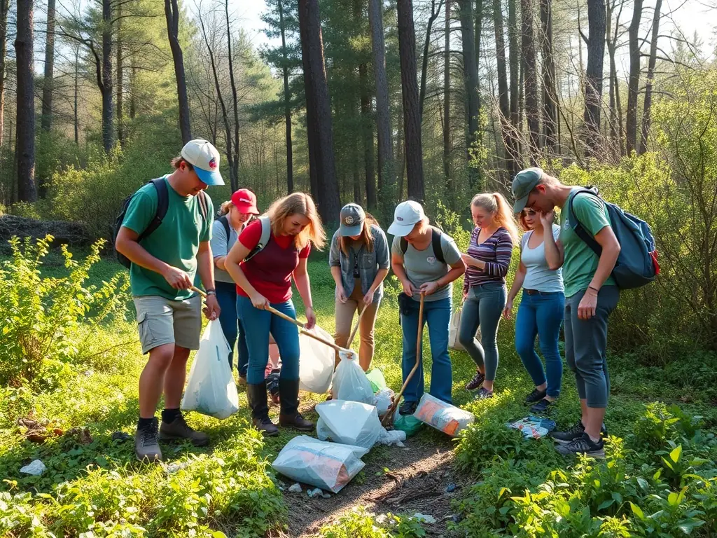 Volunteers cleaning up a forest area, removing litter and debris to improve the habitat for local wildlife. The scene emphasizes community involvement and environmental stewardship.