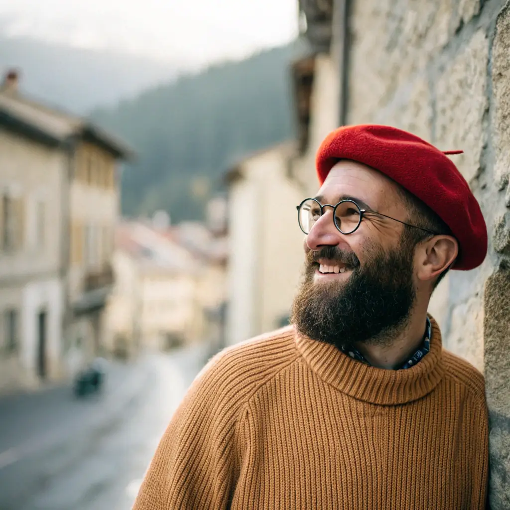 A professional portrait of a distinguished French gentleman with a neatly trimmed beard and a warm, engaging smile, wearing a tweed jacket and standing in front of a picturesque countryside backdrop.