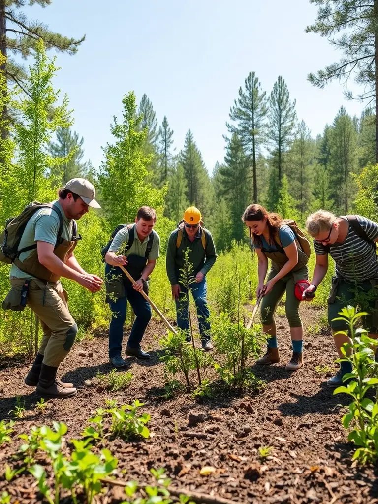 A group of SOCIETE DE CHASSE DE LA COMMUNE DE KERFOT members participating in a habitat restoration project, planting trees and clearing invasive species in a local forest.
