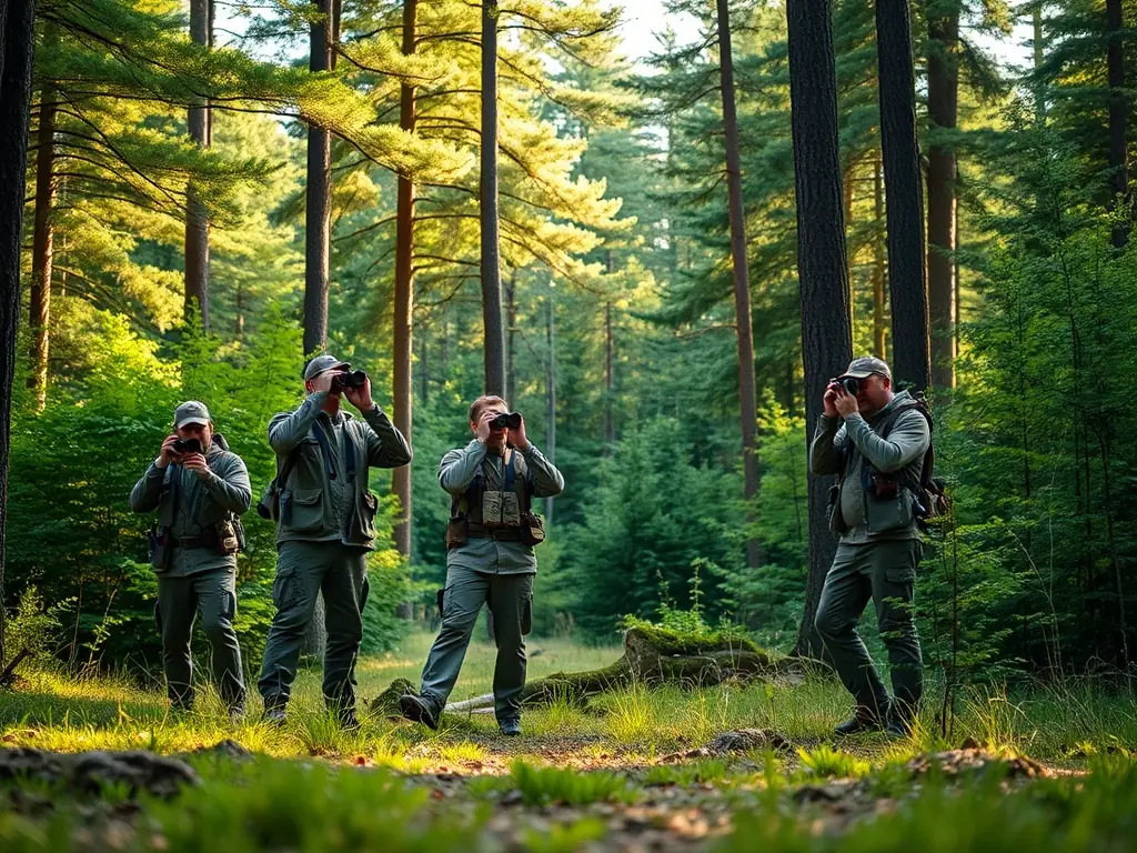 A group of hunters participating in a wildlife census, carefully observing and recording data in a natural setting. The scene emphasizes responsible data collection and wildlife management.