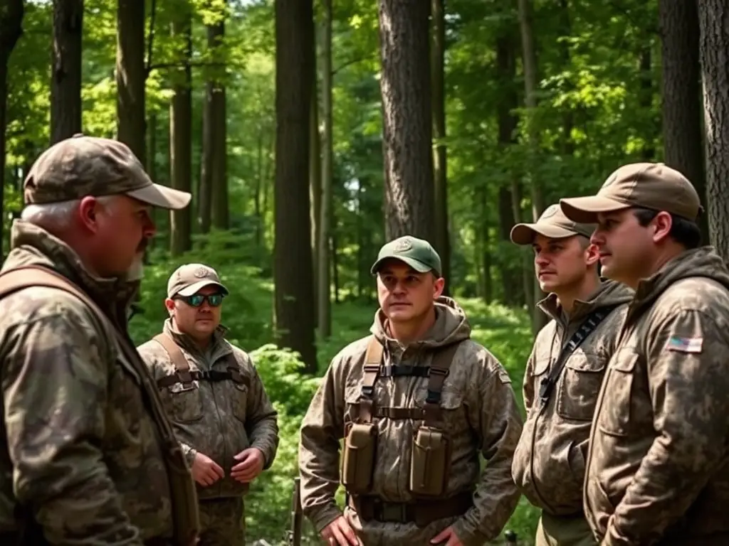 A photograph depicting members of SOCIETE DE CHASSE DE LA COMMUNE DE KERFOT participating in a controlled hunt, emphasizing responsible hunting practices and adherence to safety regulations.