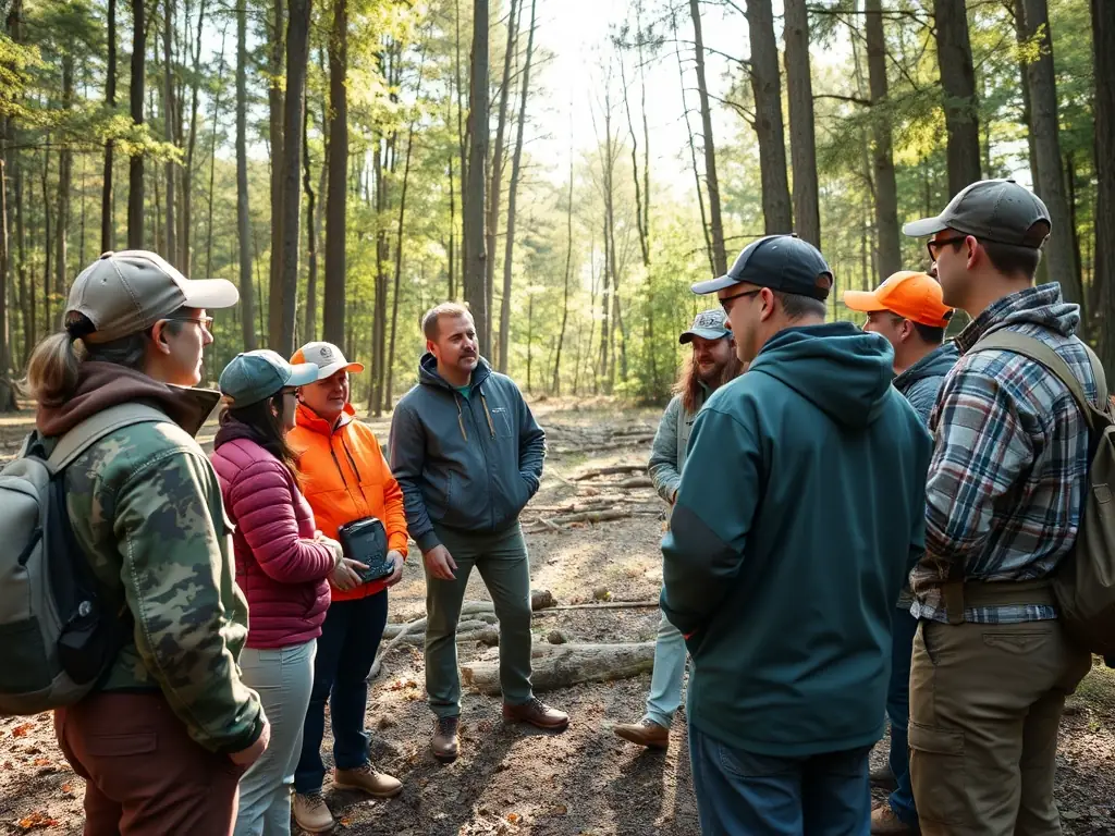 A hunter educating a group of young people about responsible hunting practices and wildlife conservation in a forest setting. The scene highlights the importance of education and mentorship.
