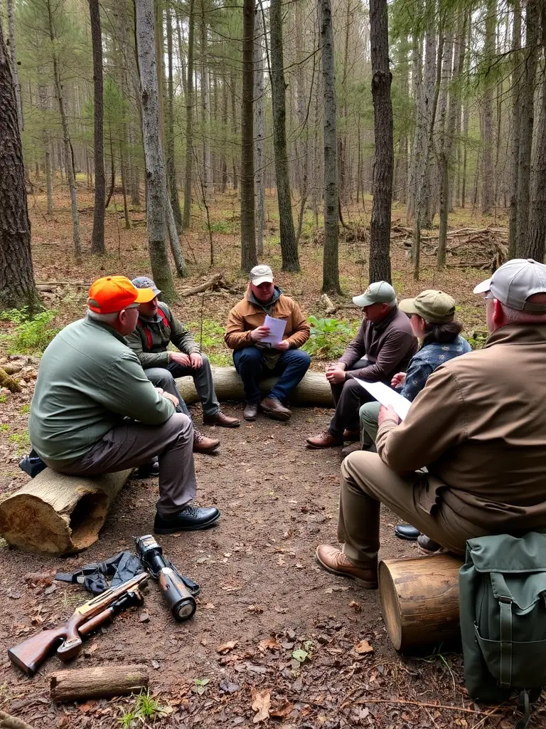 A SOCIETE DE CHASSE DE LA COMMUNE DE KERFOT member mentoring a young hunter, teaching them about responsible hunting practices and wildlife conservation.