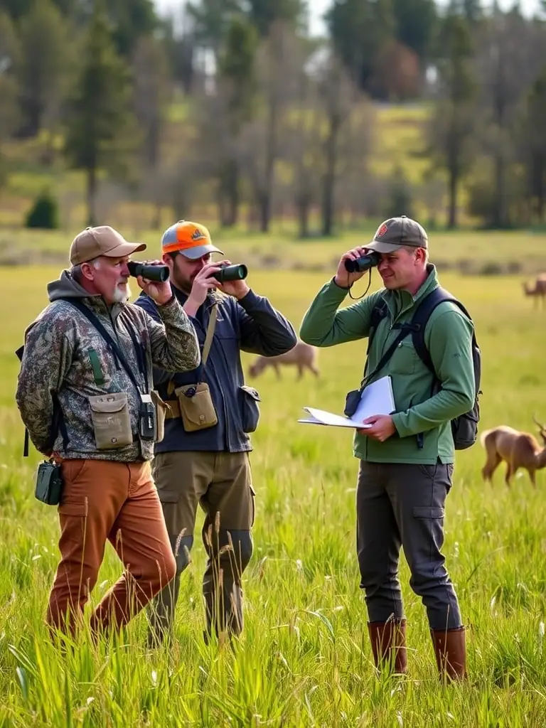 A photograph of a group of hunters in Kerfot carefully observing a deer in its natural habitat, emphasizing responsible wildlife management.