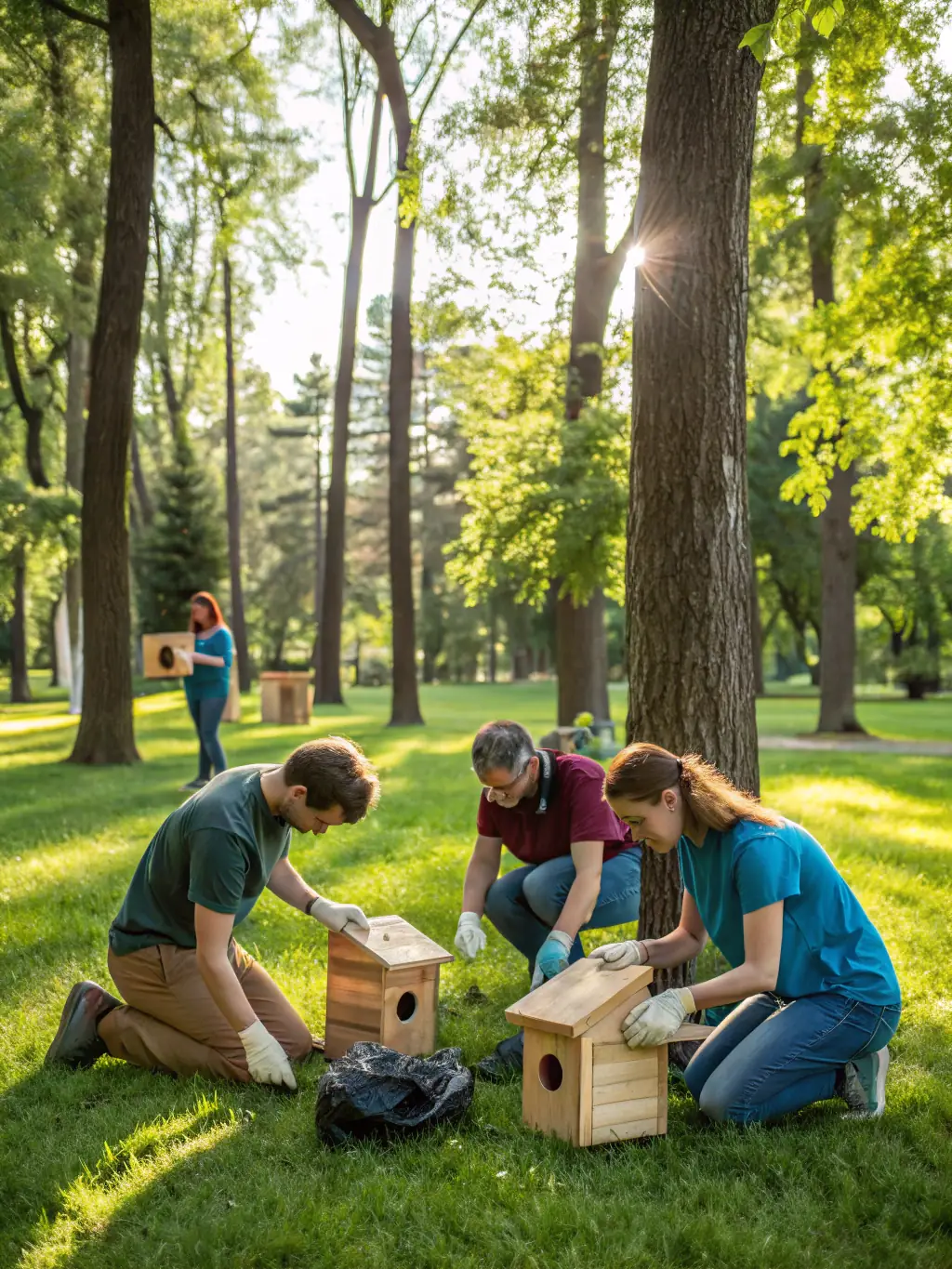 A photo of SOCIETE DE CHASSE DE LA COMMUNE DE KERFOT members collaborating on a community project, building birdhouses and feeders for local parks.
